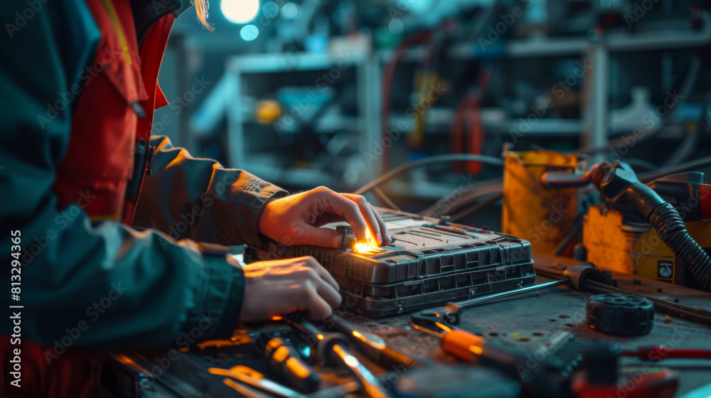Focused technician repairing electronic components in a dimly lit workshop, using various tools. Focused technician repairing electronic components in a dimly lit workshop, using various tools.