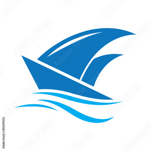 logo design of a boat sailing in the blue ocean