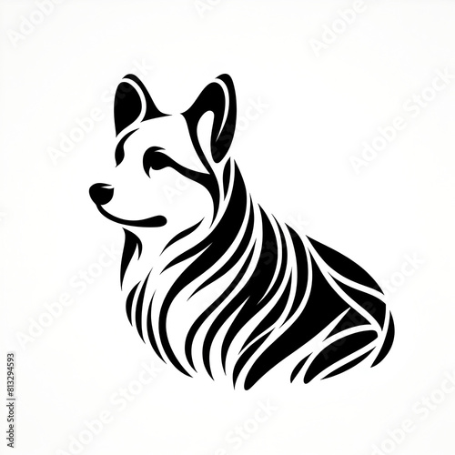 Black and white corgi silhouette, minimalistic touches to create an abstract image. Minimalism, monochrome background.