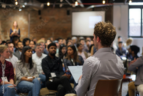 Startup Pitch Competition: Show a diverse audience at a startup pitch competition, with a focus on the presenters and judges, ensuring clear visibility of the pitch process.