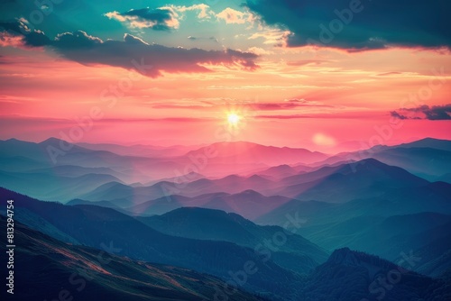 Mountains during sunset. Beautiful natural landscape in the summer time - generative ai