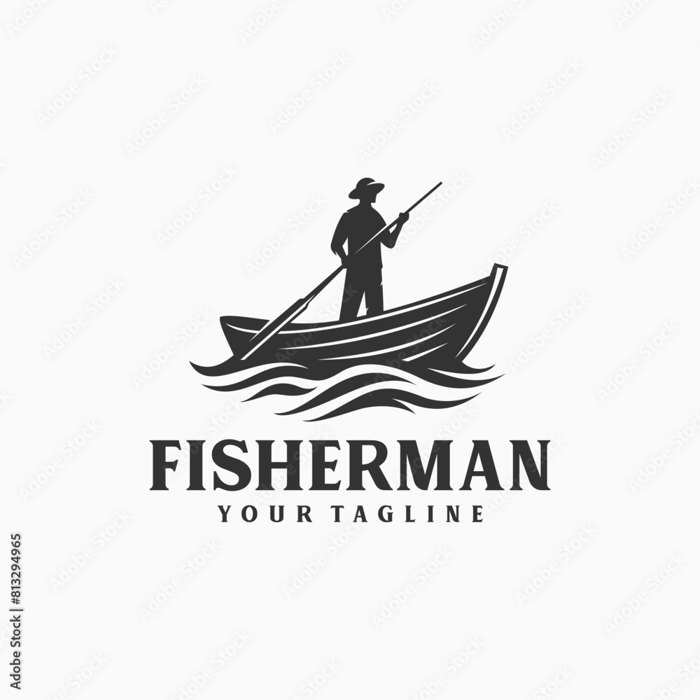 silhouette logo of a fisherman standing on a boat holding an oar hit by waves design vector illustration