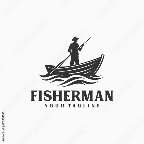 silhouette logo of a fisherman standing on a boat holding an oar hit by waves design vector illustration