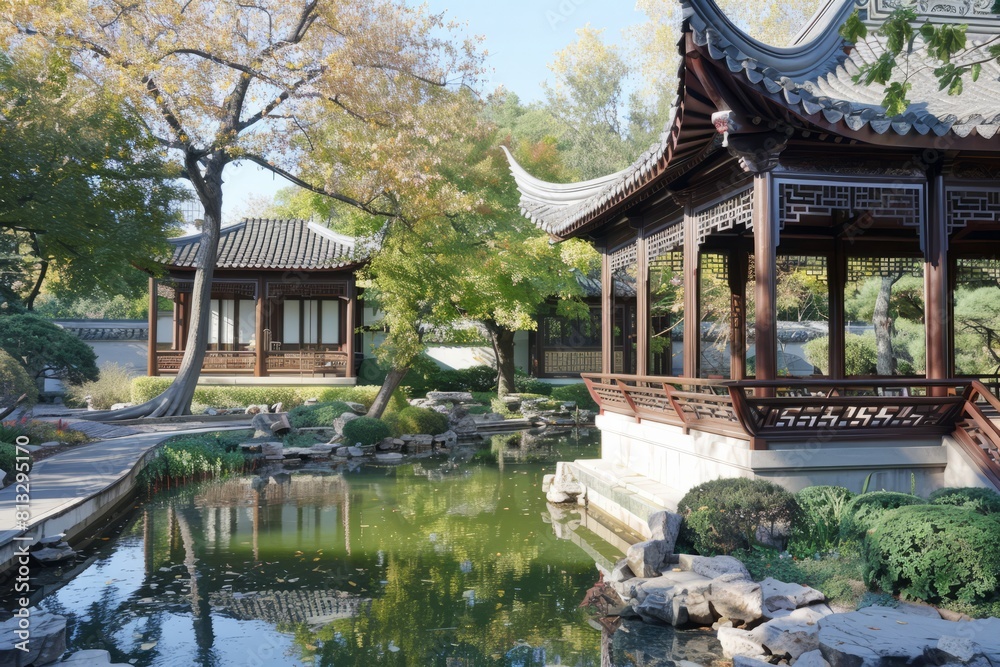 A traditional Chinese scholar's garden with winding paths, pavilions, and tranquil ponds, inspired by ancient poetry and philosophy, Generative AI A traditional Chinese scholar's garden with winding paths, pavilions, and tranquil ponds, inspired by ancient poetry and philosophy, Generative AI