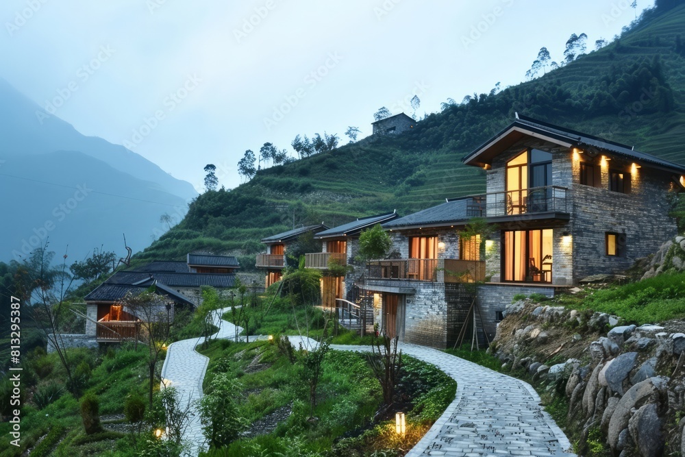 Fototapeta premium A tranquil Chinese mountain retreat with rustic stone cottages, terraced fields, and winding mountain paths, Generative AI