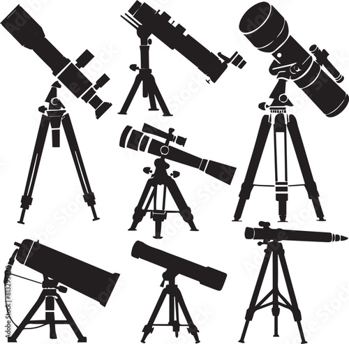 Telescopes Silhouettes Vector: Astronomy Equipment, Science, Space Exploration, Refracting & Reflecting Telescopes, Stargazing Tools Clipart