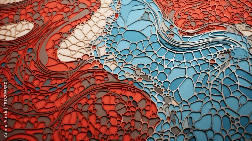 Intricate mosaic of geometric patterns in fiery red and icy blue Intricate mosaic of geometric patterns in fiery red and icy blue