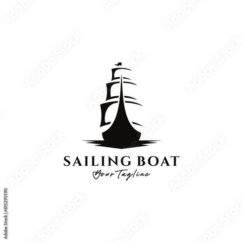 Simple Sailboat Ship in Sea Ocean Wave Sailing Travel Transport logo design