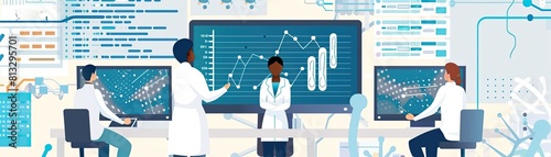 Genomic data analysis front view, illustrating scientists analyzing vast amounts of genetic data - data-driven genetics, technology tone, Complementary Color Scheme