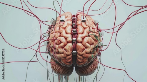Neural interface top view of brain linked with wires, mind meets tech, technology tone, Triadic Color Scheme
