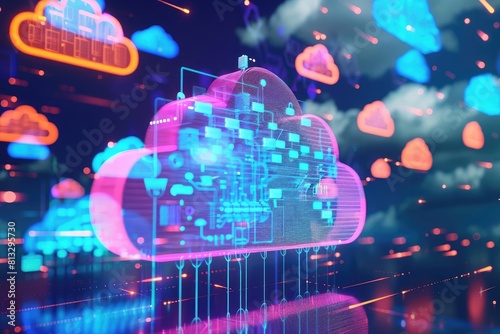 Cloud data front view, visualizing massive data repositories in the cloud - data abundance, sci-fi tone, vivid
