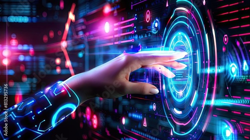 Digital touch front view of a woman's hand interacting with a vibrant metaverse universe, touch the future, futuristic tone, Vivid