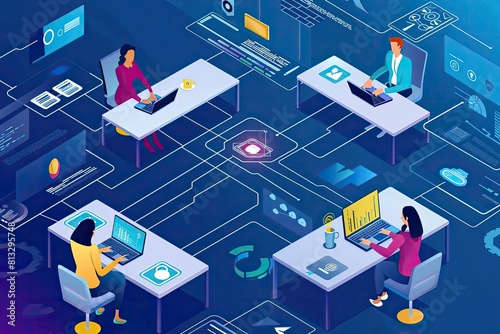 IT innovation management top view, highlighting the management of new technological advancements - managing innovation, technology tone, Complementary Color Scheme