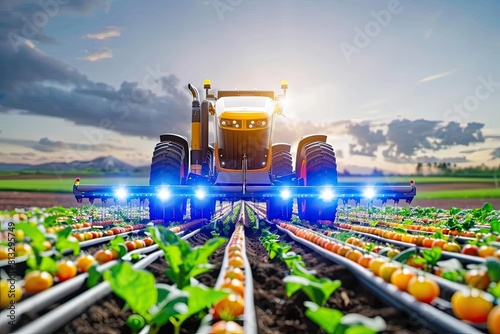 Precision agriculture front view, depicting technology-driven planting techniques - precision farming, sci-fi tone, vivid