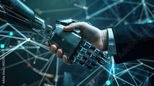 Digital handshake top view of robot and human hands touching over a network data background, unity in tech, cybernetic tone, Tetradic color scheme