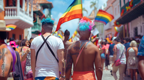 two black gay men walking on a colonial street during Gay Pride Day