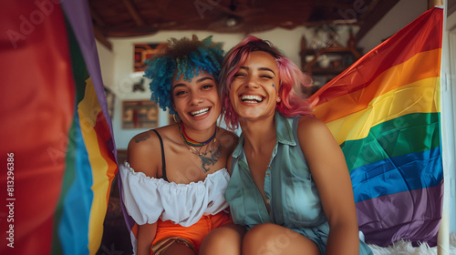 two lesbian women of different races surrounded by a gay pride flag preparing for Pride Day in a colonial house