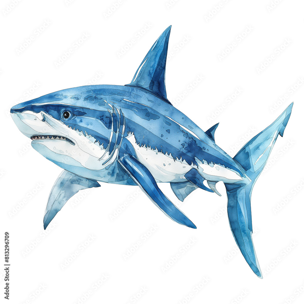 Fototapeta premium blue shark in watercolor painting isolated on transparent background.