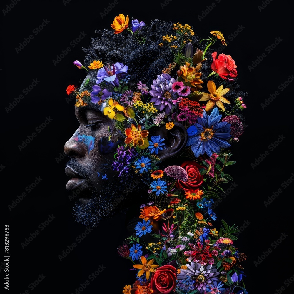 A black man with flowers growing out of his head and neck.