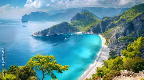 The turquoise waters and pristine beaches of ?-l??deniz, framed by rugged cliffs and verdant pine forests. photo