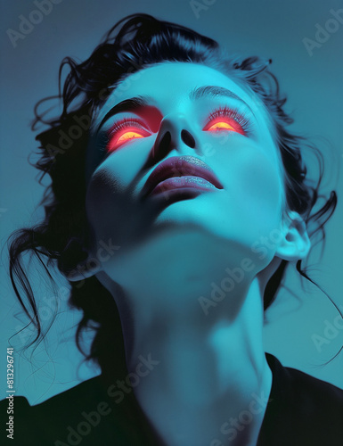 A woman with red eyes looking up