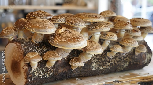 A shiitake mushroom log, with mushrooms growing out of it. photo