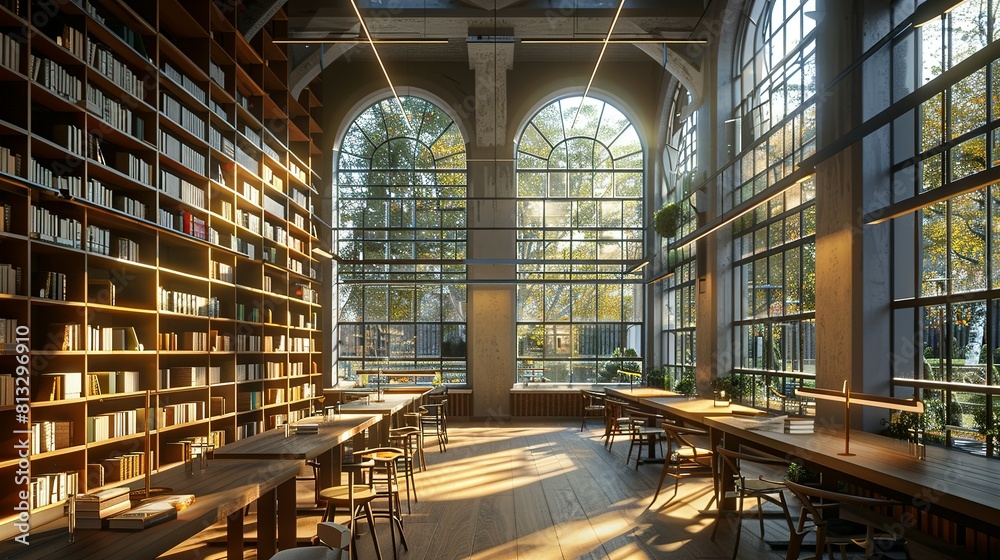A Modern Library with Resplendent Rows of Books and Tranquil Study Spaces A Modern Library with Resplendent Rows of Books and Tranquil Study Spaces
