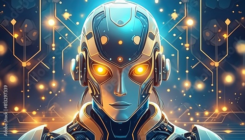 Character design of a robot or cyborg in flat style, but with metallic textures and glowing