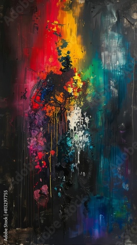 Abstract painting with bright rainbow colors.