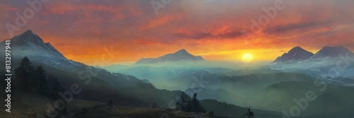 sunset in the misty mountains