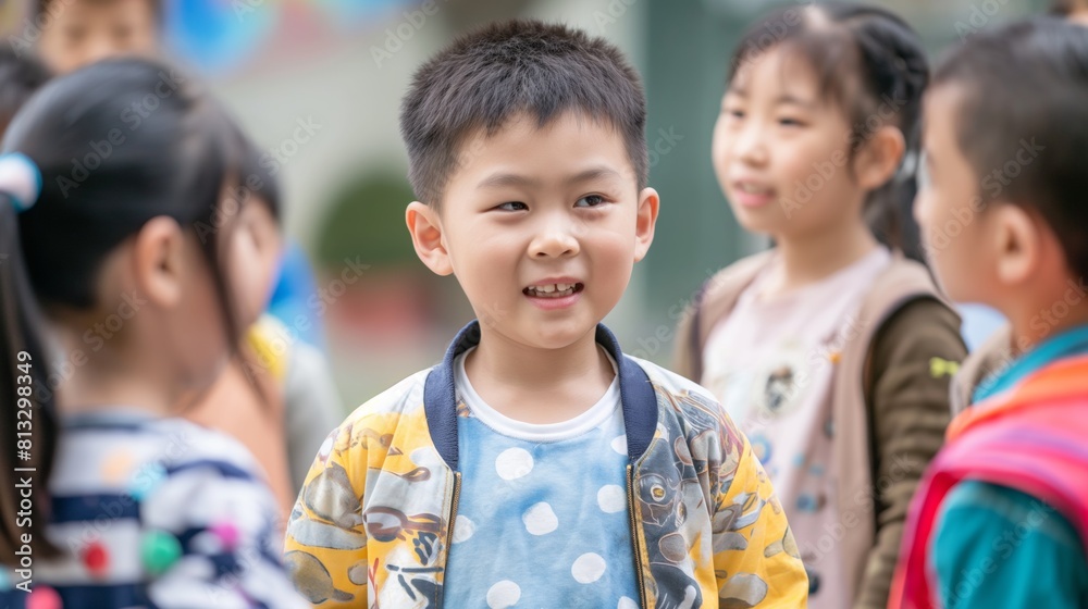Young Asian boy smiling among peers in a sunny schoolyard during recess.