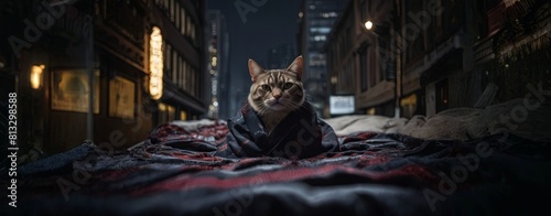 A cat is laying on a blanket in a city street