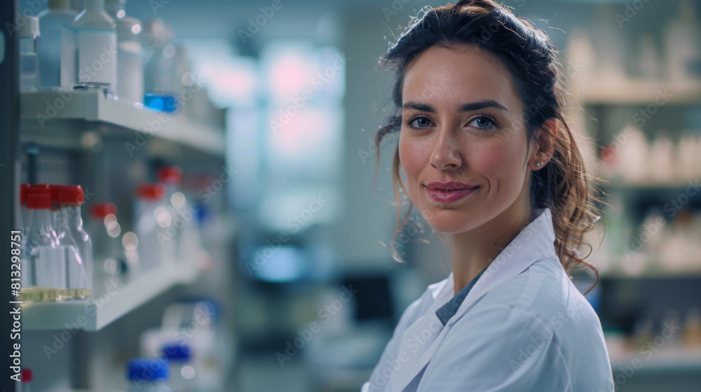 Portrait of a confident female scientist with a smile, working in a well-equipped laboratory. Portrait of a confident female scientist with a smile, working in a well-equipped laboratory.