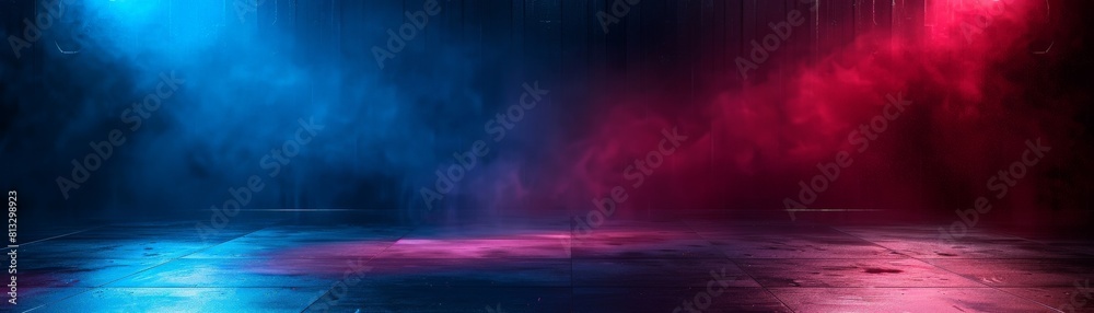 Obraz premium Blue and red neon spotlights illuminate an empty stage with a shiny reflective floor.