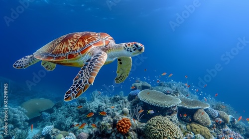 A sea turtle swimming gracefully in the deep blue ocean, surrounded by vibrant coral reefs and colorful fish