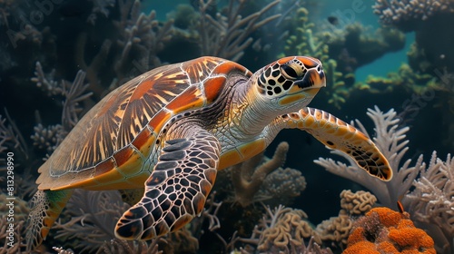 A sea turtle swimming gracefully in the deep blue ocean  surrounded by vibrant coral reefs and colorful fish