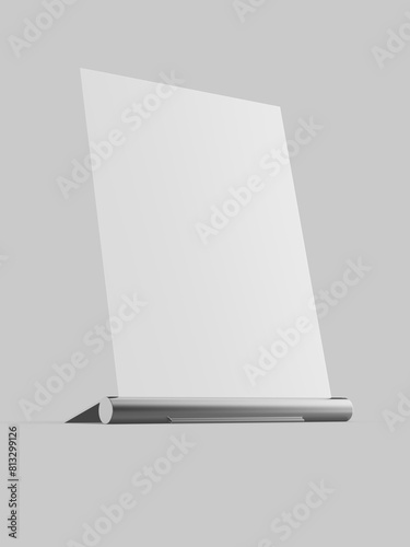 Blank acrylic sign holder display counter top metal stand template, 3d illustration.