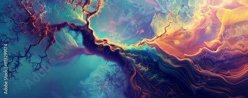 Create a digital illustration where the trunk and branches of a tree are formed by flowing, liquidlike shapes Use vibrant colors and smooth gradients to give it a surreal, dreamy quality This could be photo