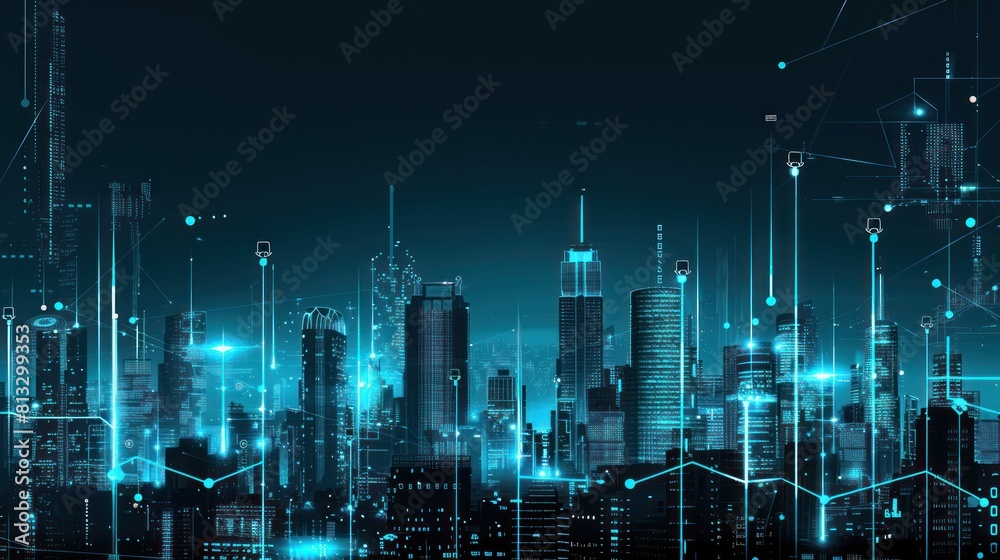smart city connected with lines and dots, big data connection technology metaverse concept. City background