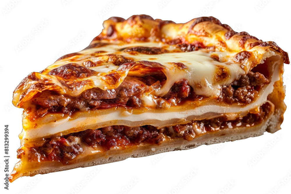 A slice of lasagna with melted cheese, ground beef, tomato sauce and pasta sheets. A slice of lasagna with melted cheese, ground beef, tomato sauce and pasta sheets.