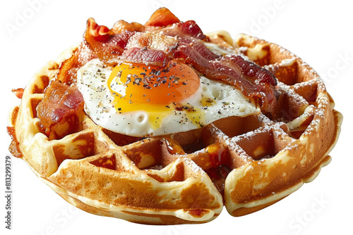 A delicious breakfast of bacon and eggs on a Belgian waffle.