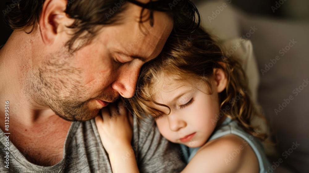 Father comforting child, close-up on child's head on father's shoulder Father comforting child, close-up on child's head on father's shoulder