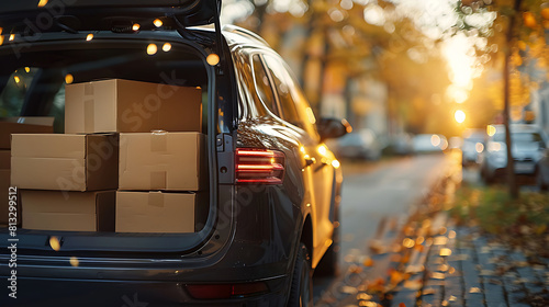 Open car trunk with moving boxes outdoors photo