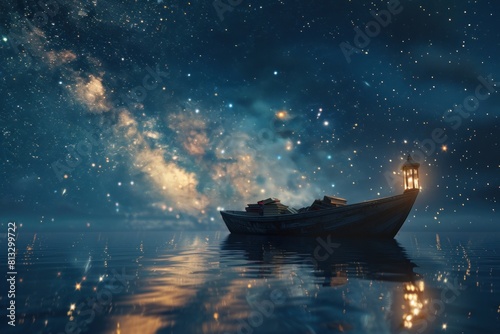A boat is floating on a lake at night with a lantern on it. photo