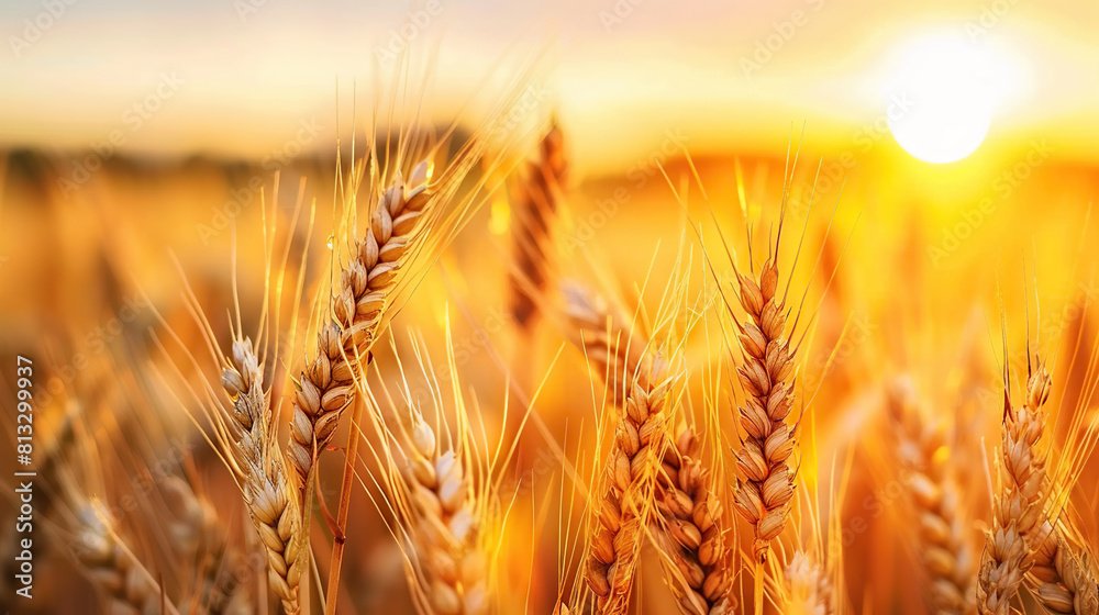 Close up wheat field at golden hour, bathed in warm sunlight, whole grain field. Generative AI Close up wheat field at golden hour, bathed in warm sunlight, whole grain field. Generative AI