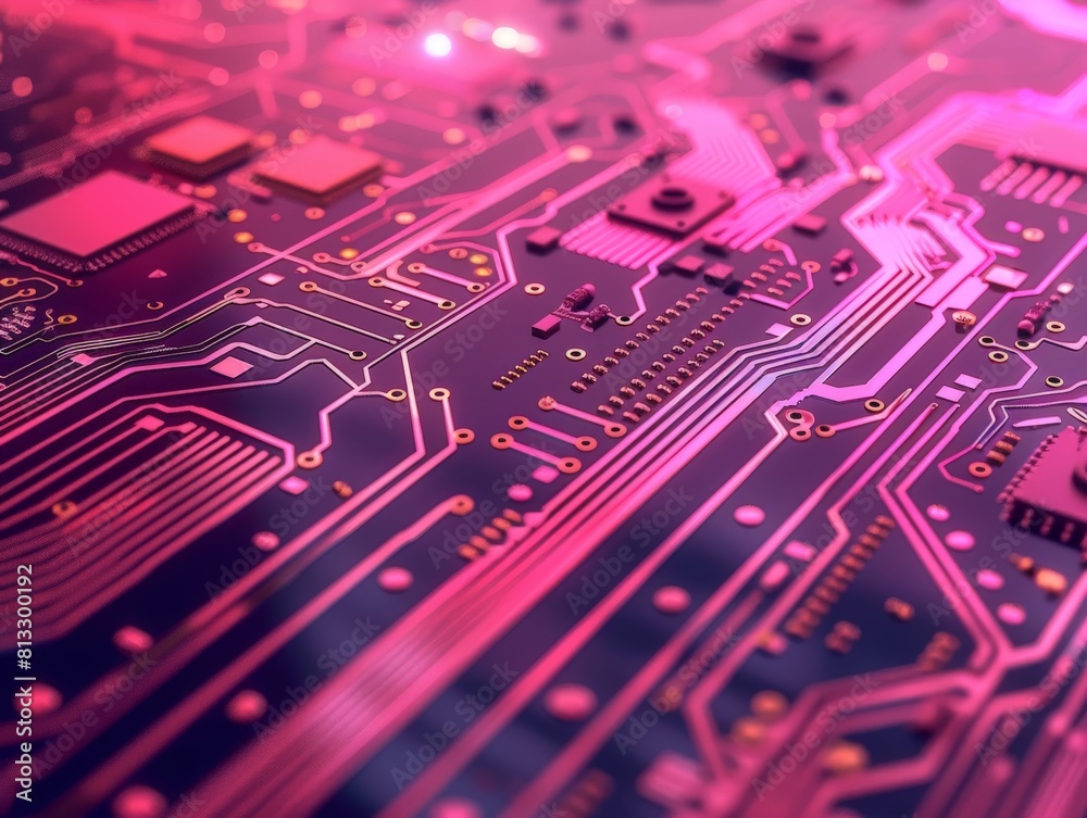 Close-up of a computer circuit board with pink neon lights. Close-up of a computer circuit board with pink neon lights.