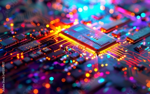 Close-up of a computer chip with glowing lights.