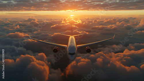 Passengers commercial airplane flying above clouds in sunset light, Concept of fast travel, holidays and business