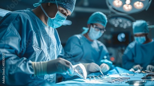 The photo shows a team of surgeons performing an operation in a hospital operating room photo