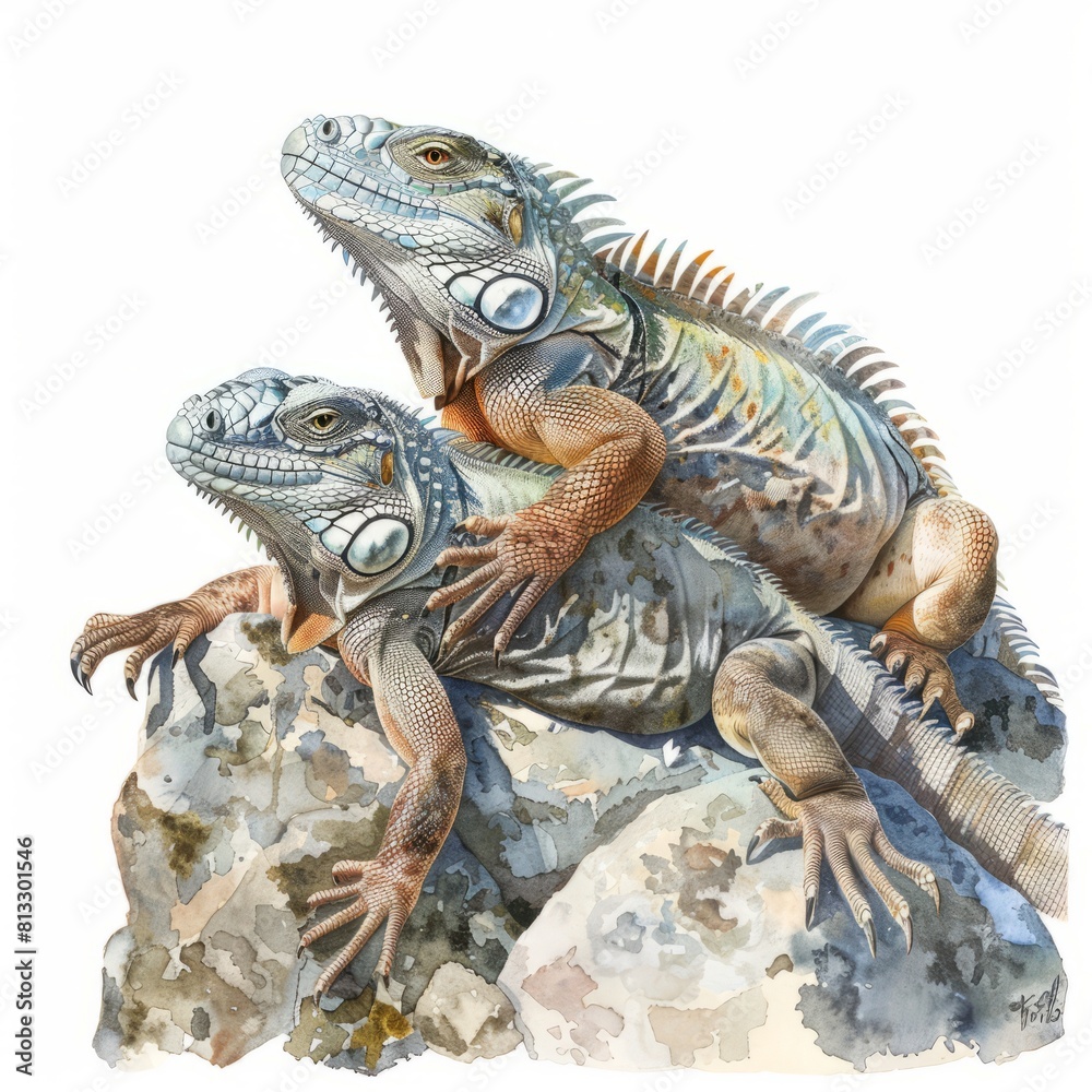 Fototapeta premium Watercolor painting of a pair of desert iguanas sunbathing on a rocky ledge, on isolated white background, Generative AI